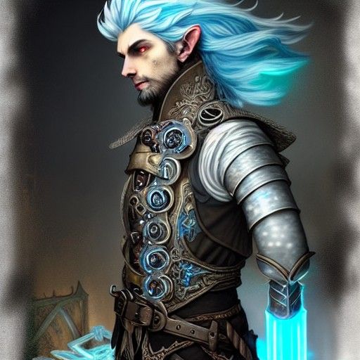 Steampunk Elf Inventor in Astral Cityscape