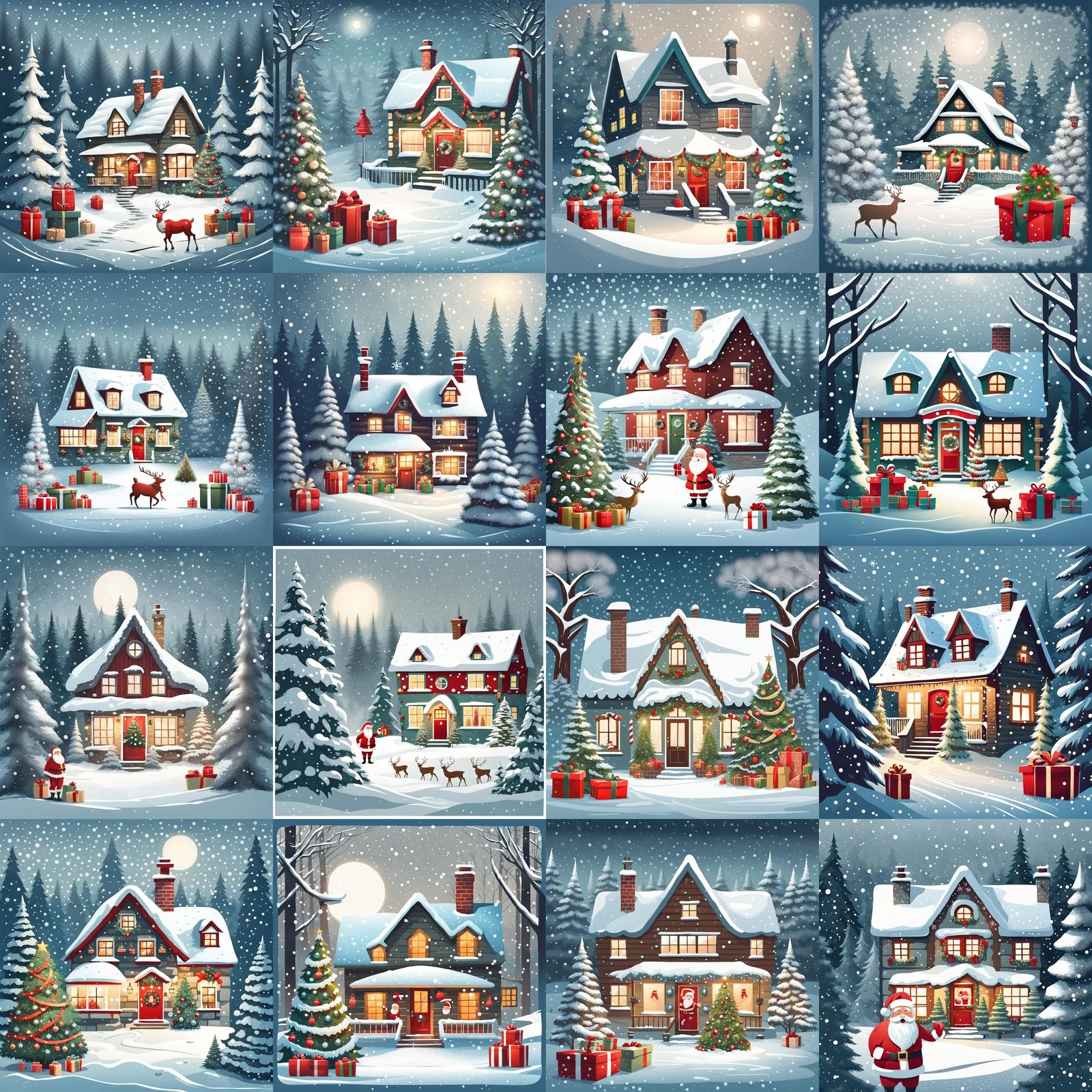 Christmas Card Cottage in Snowy Blizzard with Santa