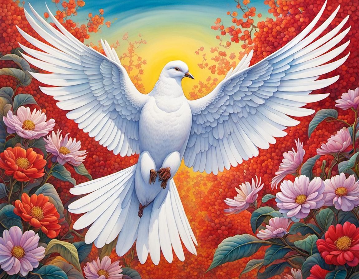 Dove and Flowers in Chinese Brush Stroke Style