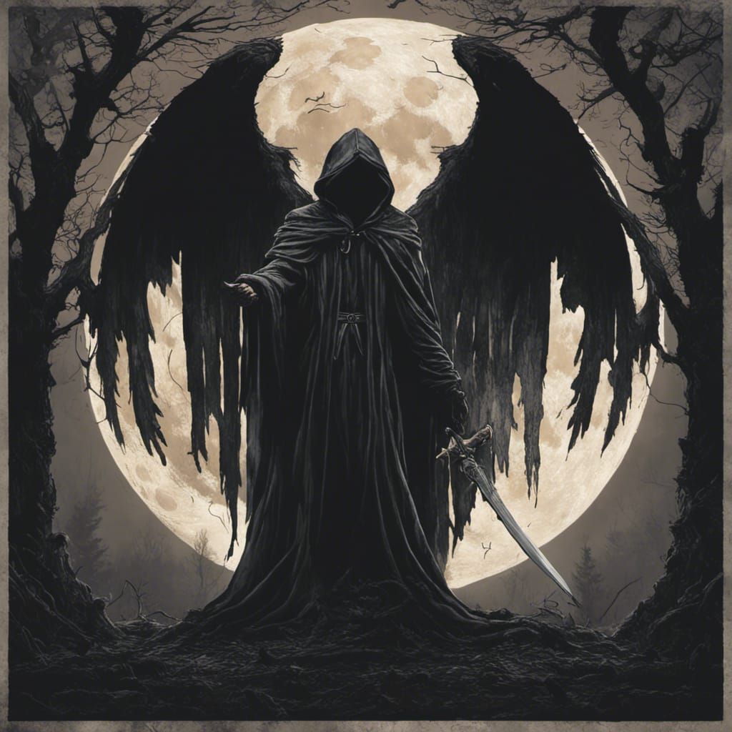 Hooded Angelic Figure in Dark Forest
