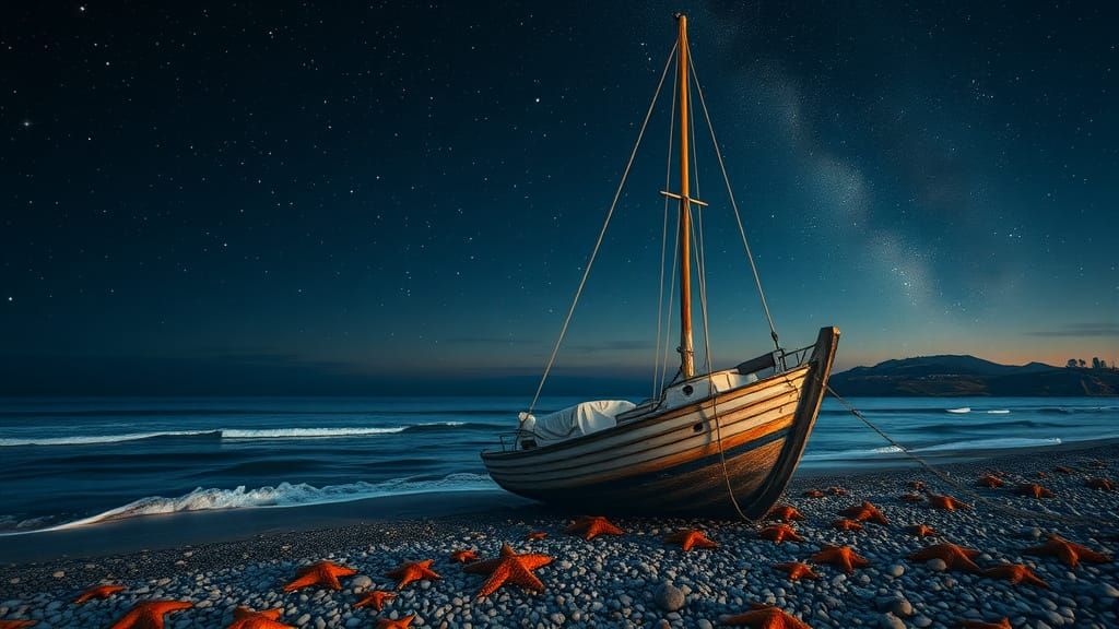 Moody Beach Scene at Dusk with Weathered Sailboat