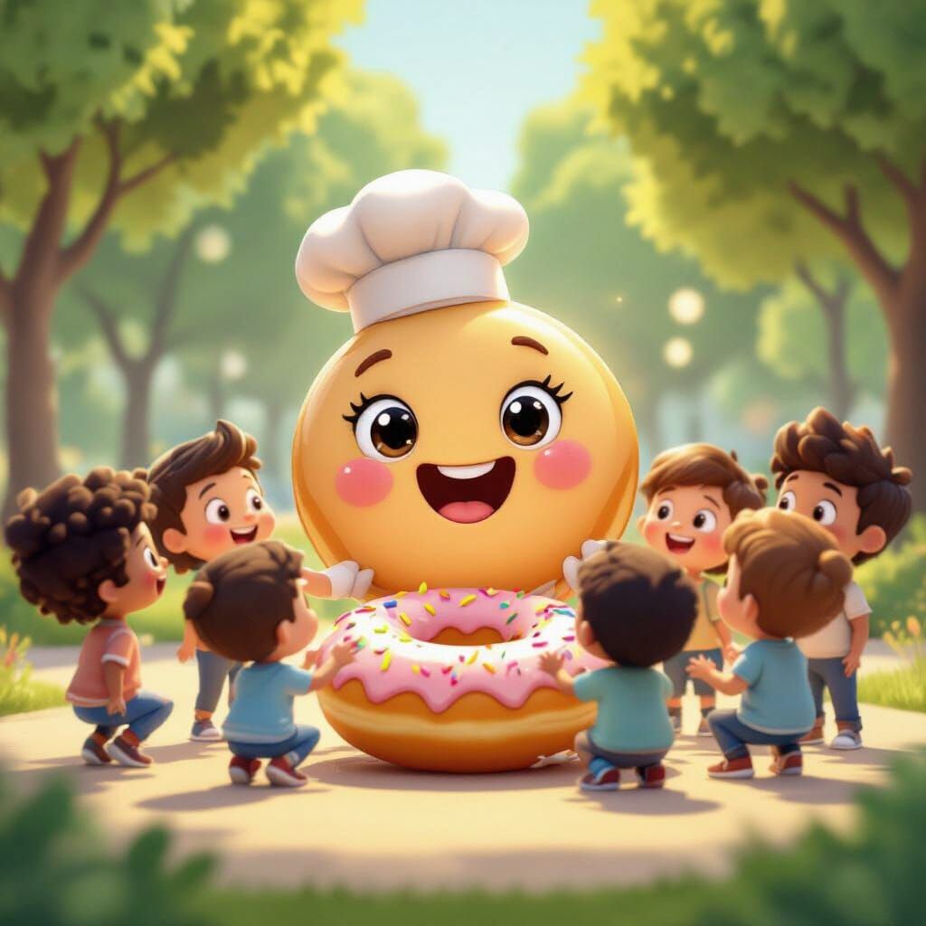 Cartoon Donut Character with Kids in Park