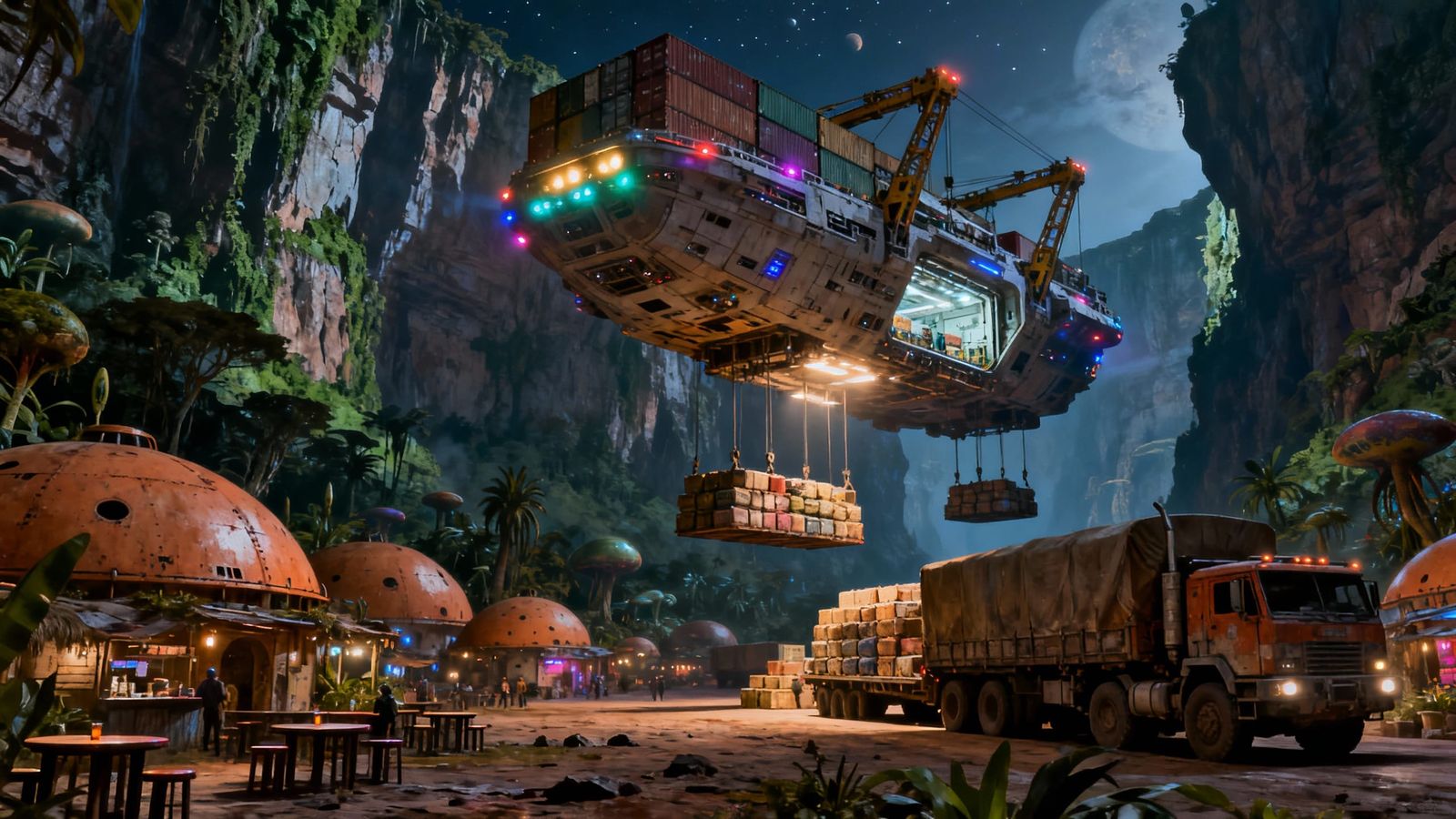 Sci-Fi Cargo Ship Delivers Supplies to Alien Town