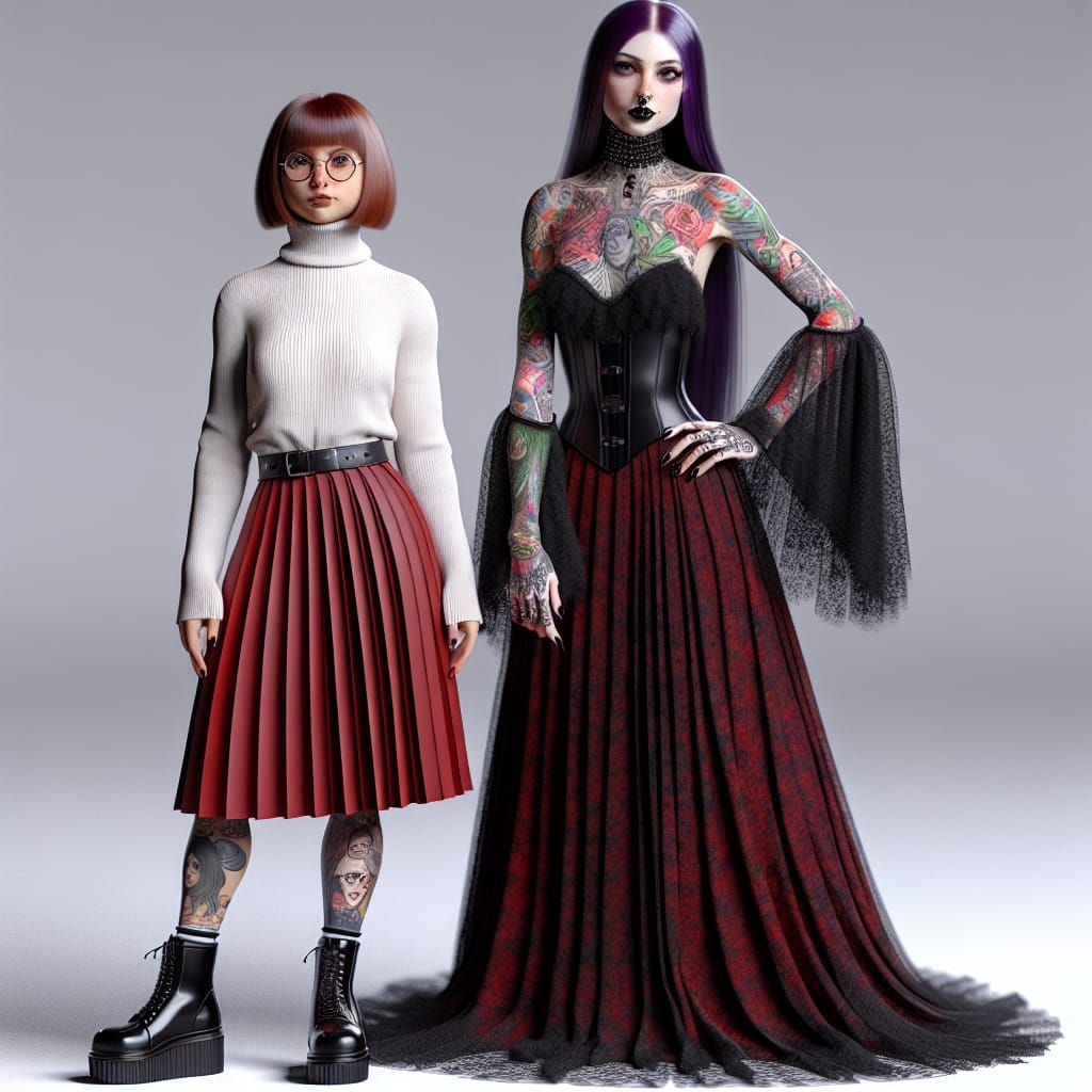 Goth Women with Cartoon Tattoos in Hyperrealistic Style