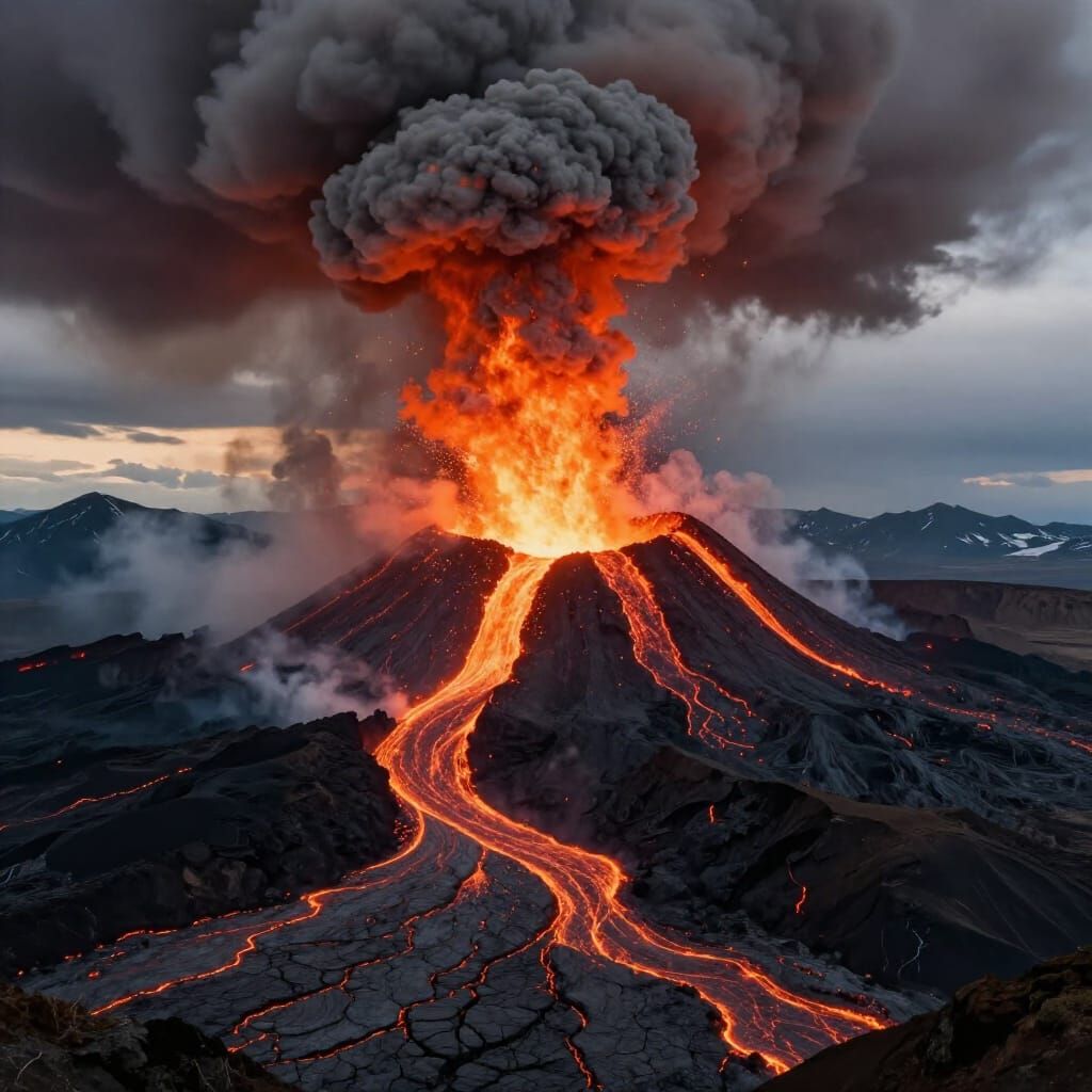 Violent Volcano Eruption in Rugged Landscape