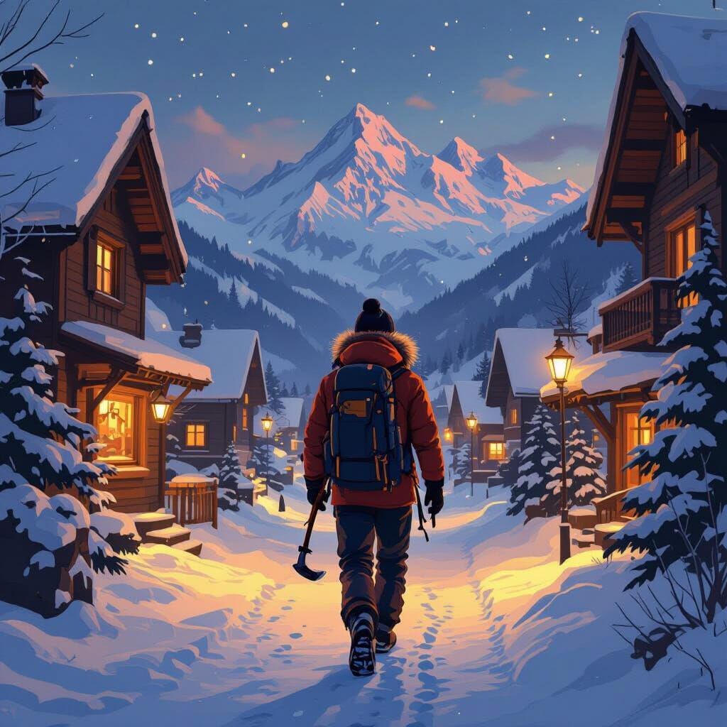 Alpine Village Twilight: Mountaineer in Whimsical Style