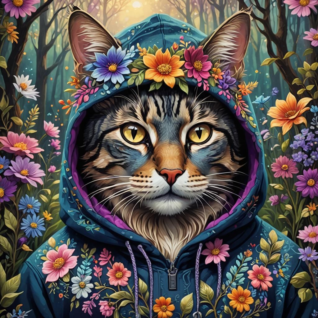 Floral Cat Portrait in Whimsical Fantasy Style
