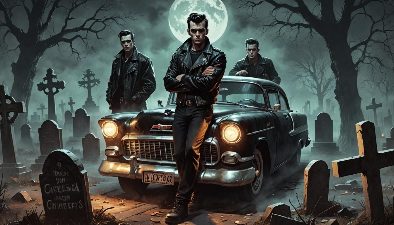 Greasers in Graveyard with 1955 Chevy, Comic Book Art