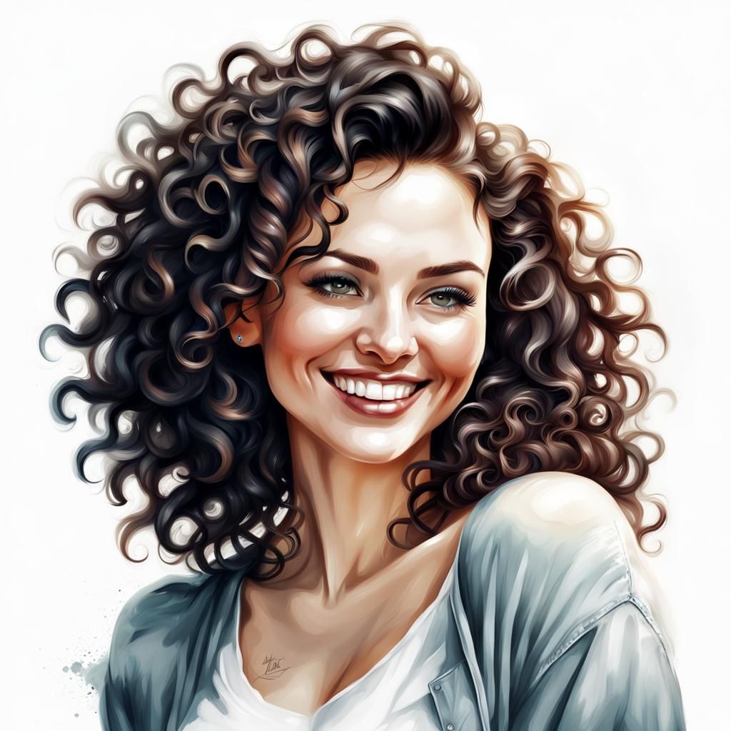 Airbrush Illustration of a Smiling Woman with Curly Hair