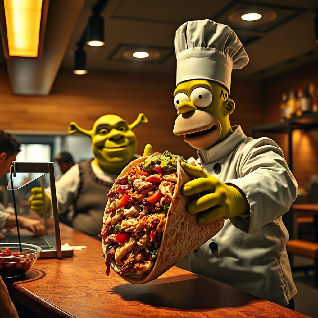 Shrek and Homer Simpson in a Vibrant Chipotle Scene