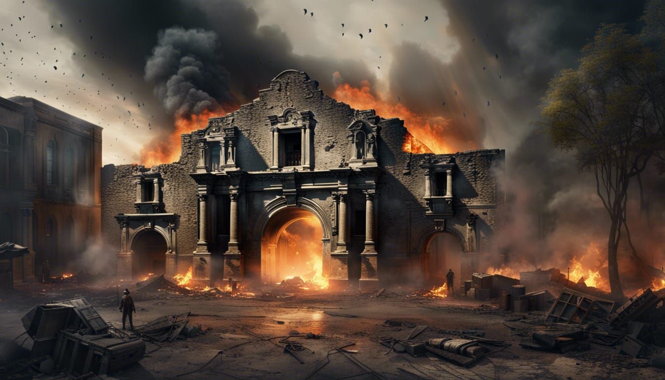 Burning Alamo in Ruined City: Digital Matte Painting