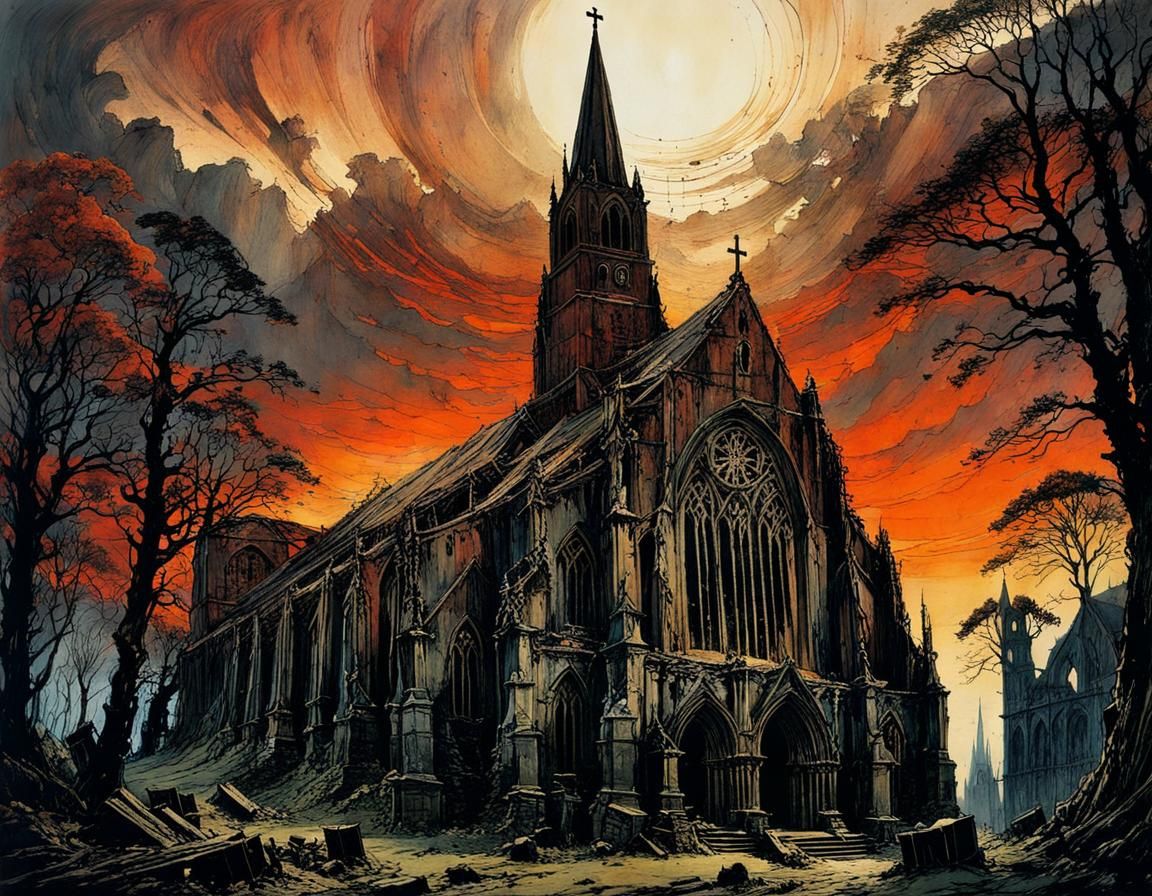 Mysterious Decaying Church Ruins in Romanticist Style