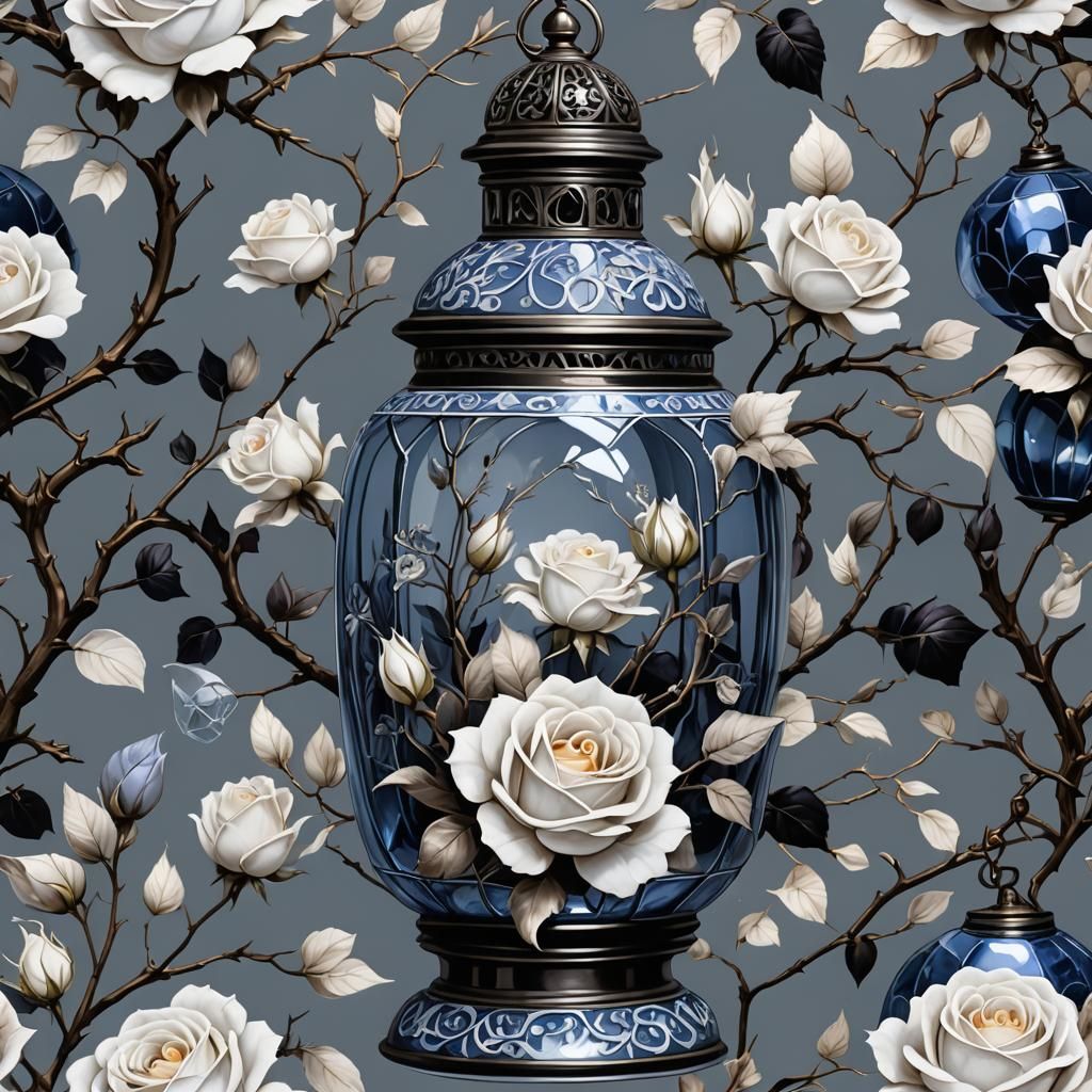Blue and white ceramic and roses