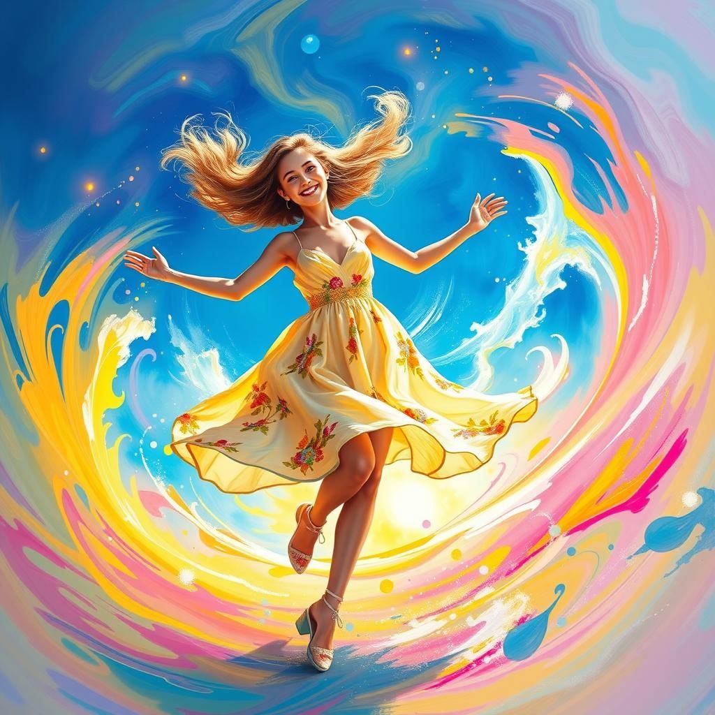 Woman Dancing in a Colorful Surrealist Landscape