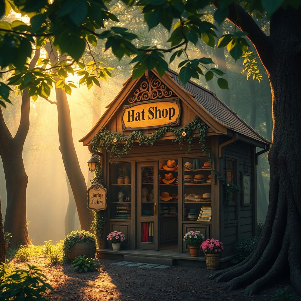 Whimsical Woodland Hat Shop Radiant with Golden Light