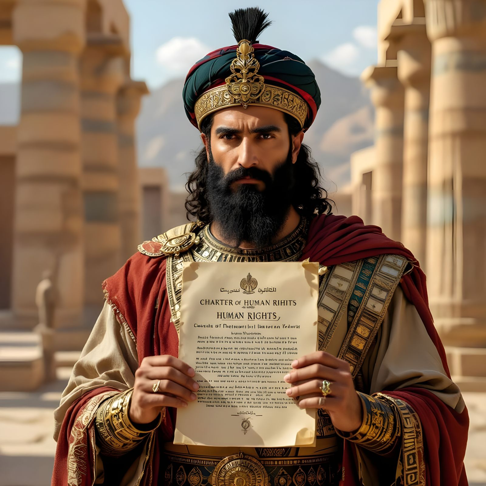 Cyrus the Great Holding the Charter of Human Rights