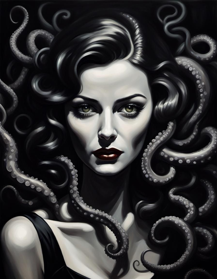 Cinematic Film Noir Portrait of Tentacled Woman