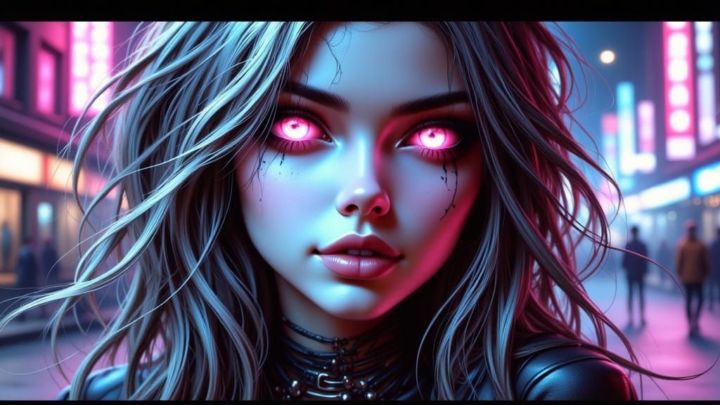 Gothic Pinup Cyborg with Cyberpunk Cityscape