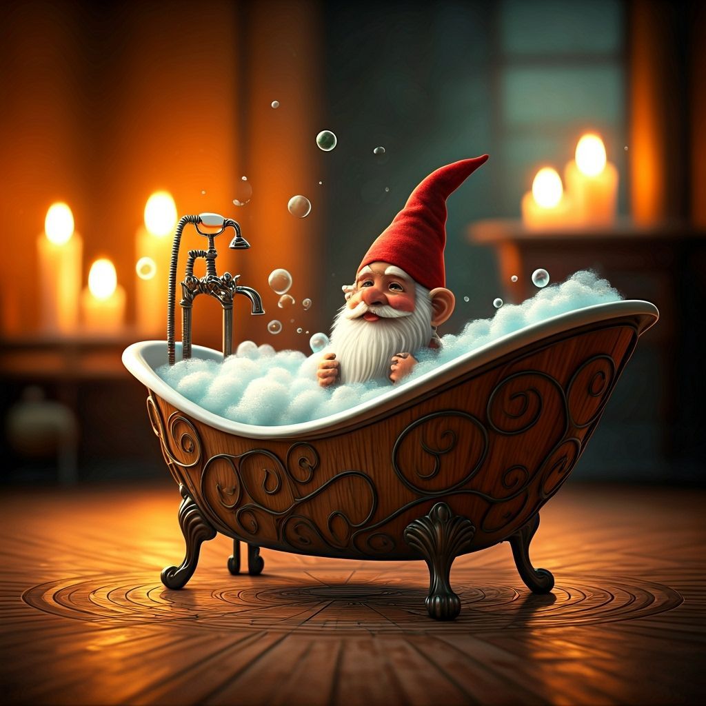 Gnome Enjoying Bubble Bath in Surreal 3D Style