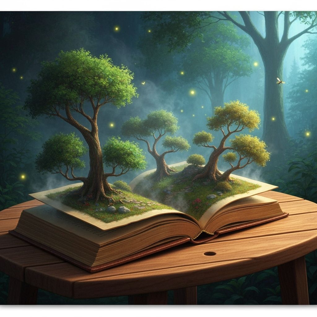 Miniature Forest Emerges from Open Book in Kinkade Style