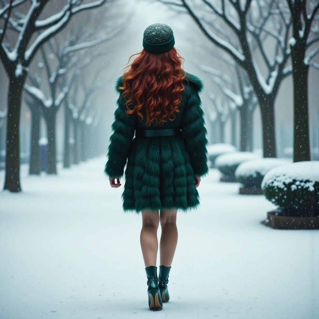 Woman in Fur Coat Walks Through Snowy Park