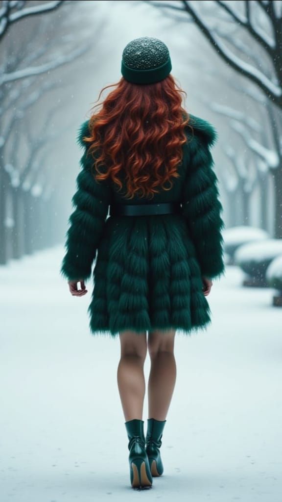 Woman in Green Fur Coat Walks Through Snowy Park
