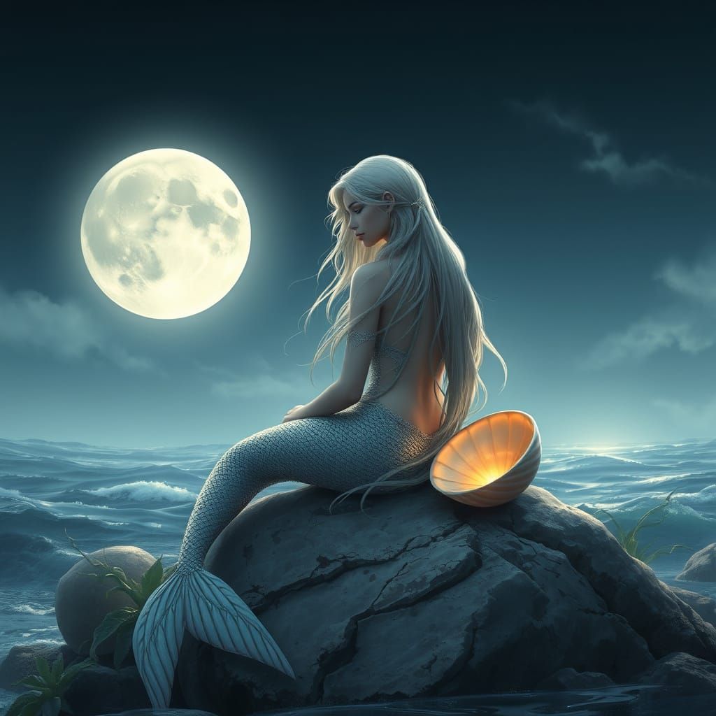 Ethereal Mermaid in Moonlit Ocean