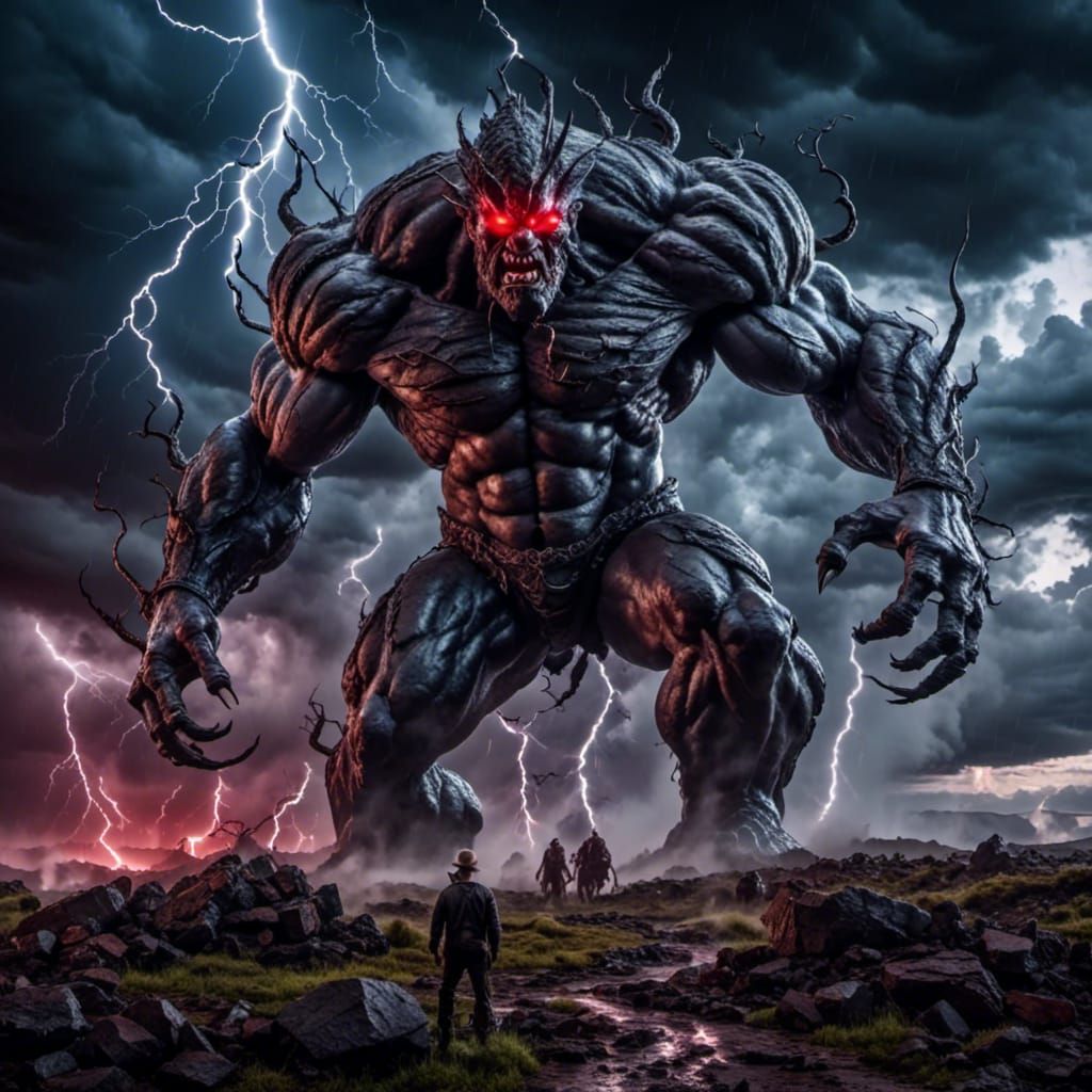 Cinematic Storm Giant on Stormy Mountain Top