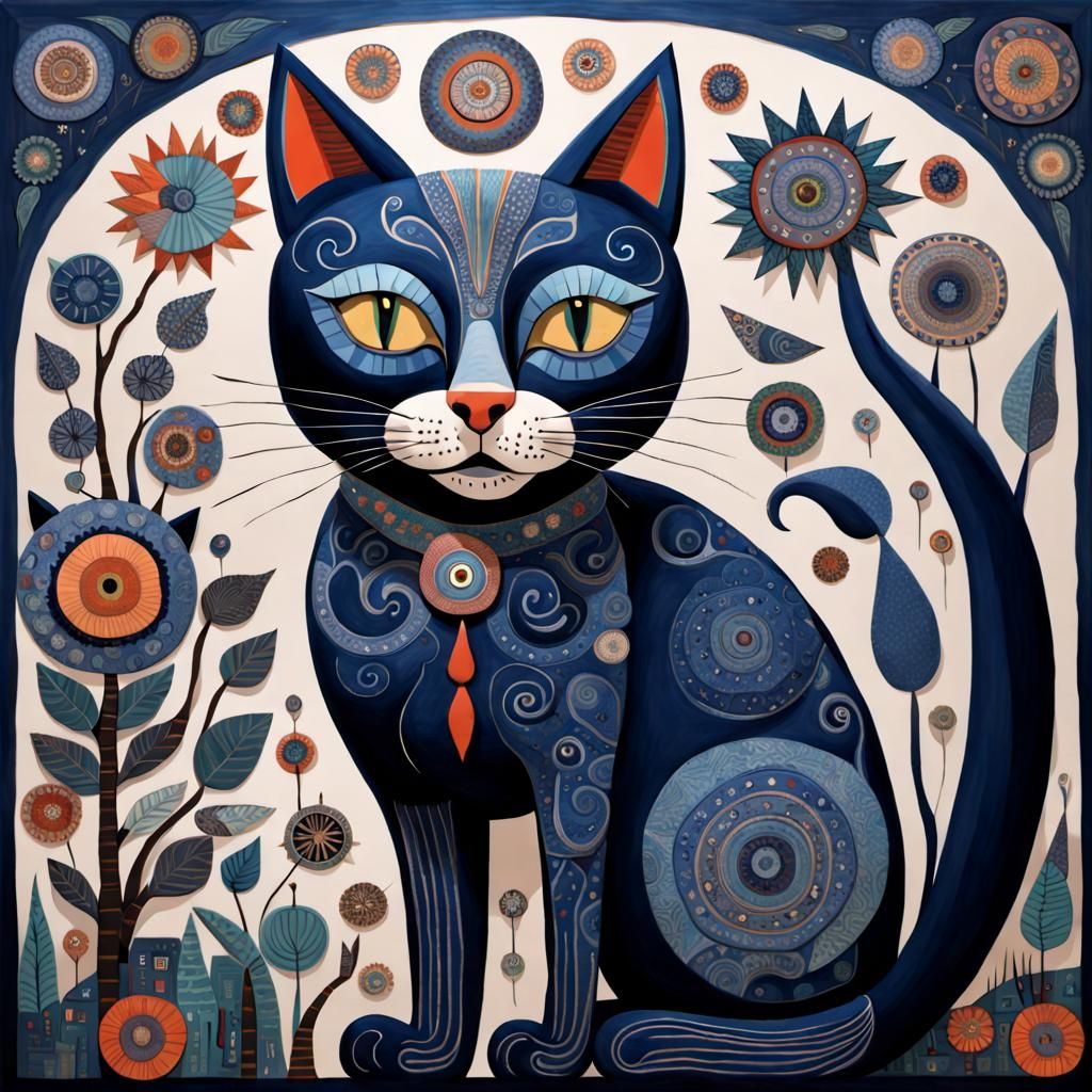 Whimsical Navy Cat in Folk Art Style