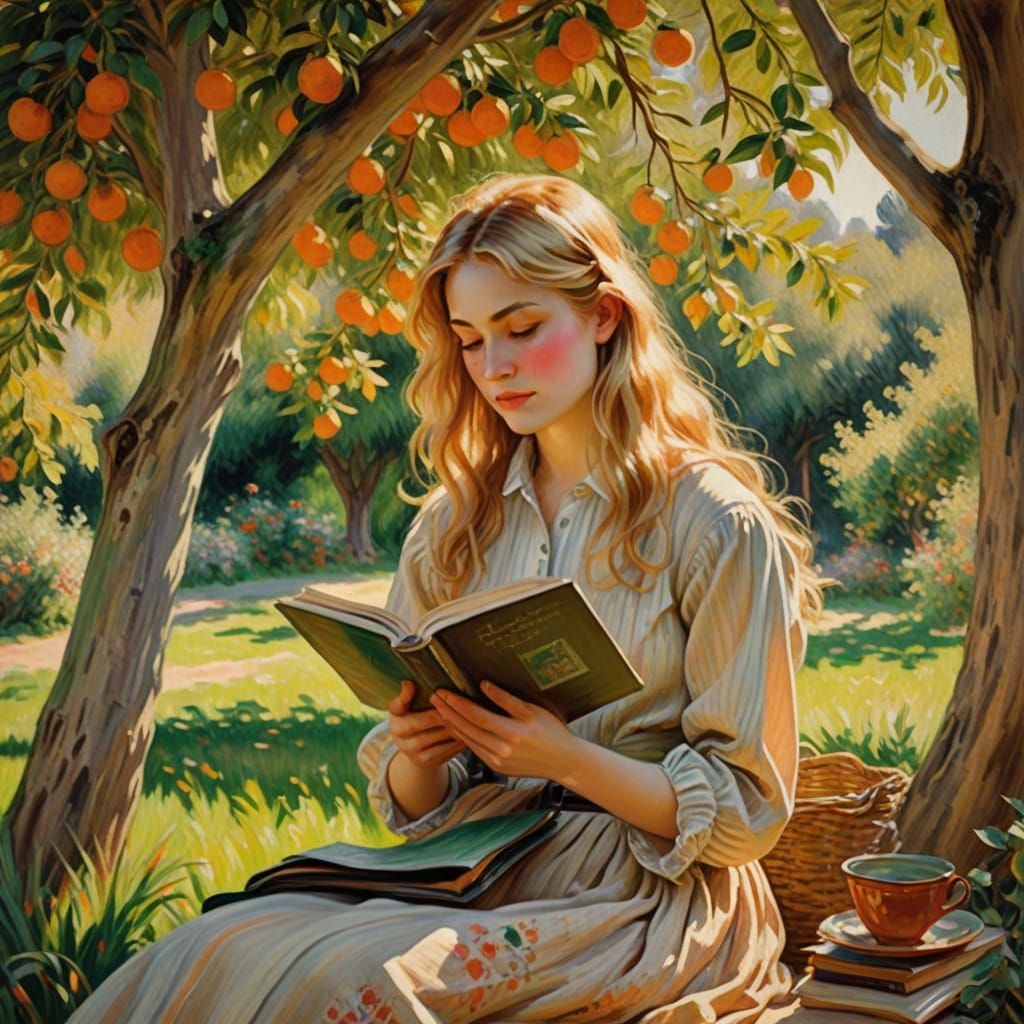 Young Woman Reads Under Vibrant Orange Tree in Idyllic Summe...