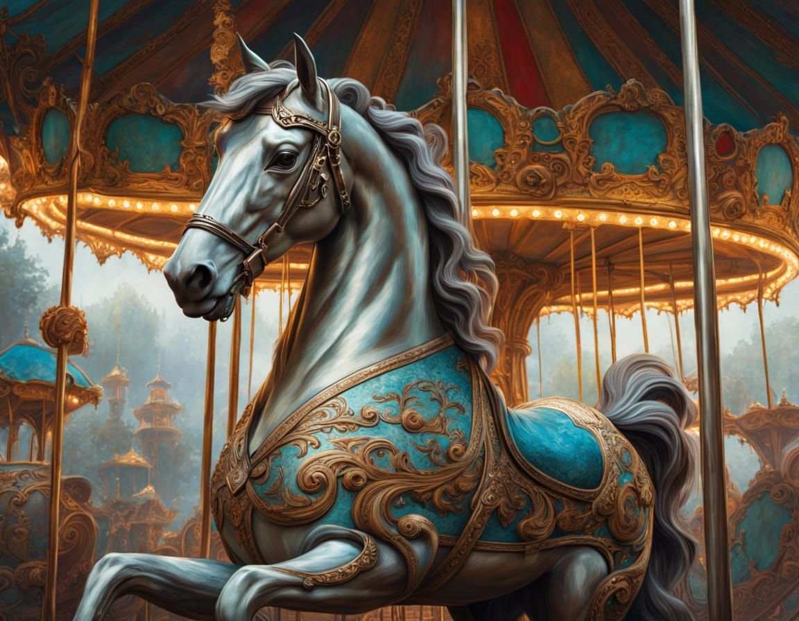 Carousel Horse Digital Painting With Ornate Filigree