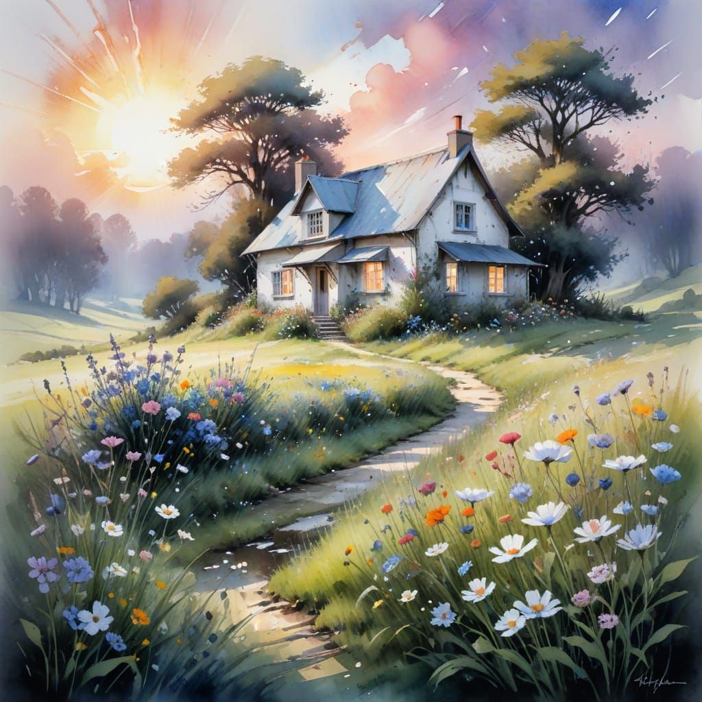 Spring Cottage in Blooming Meadow: A Watercolor Painting