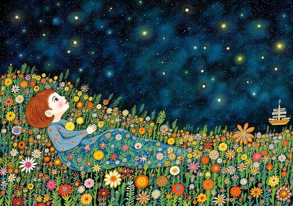 Girl Gazing at Starry Sky, in Klimt Style