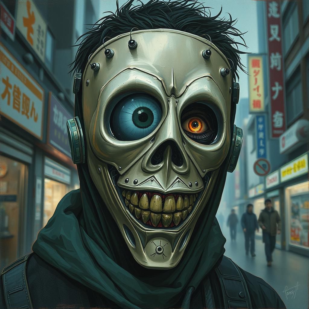 Creepy Mask in Tokyo: Cyberpunk Horror Art