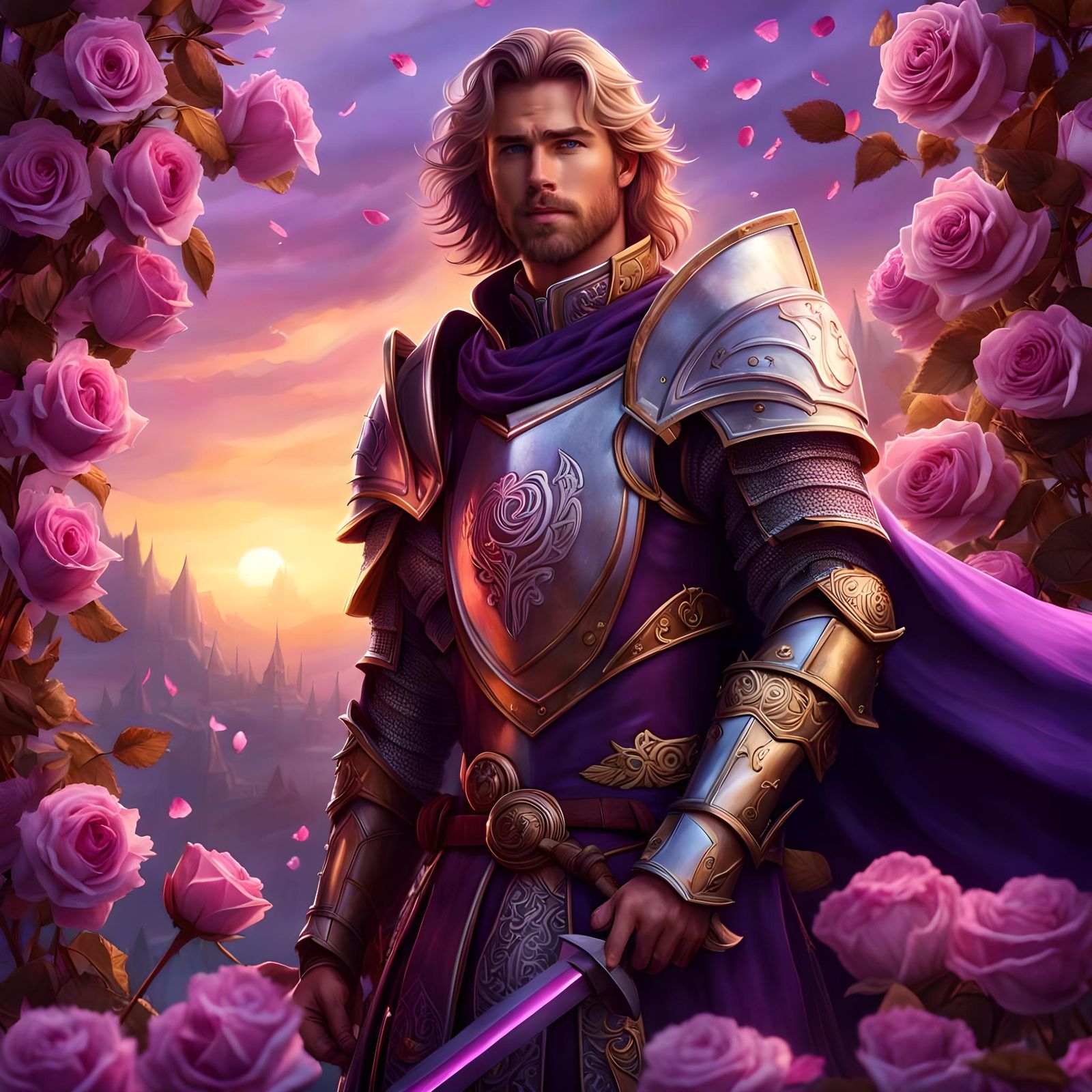 Valiant Knight in Purple Cape with Rose Petals