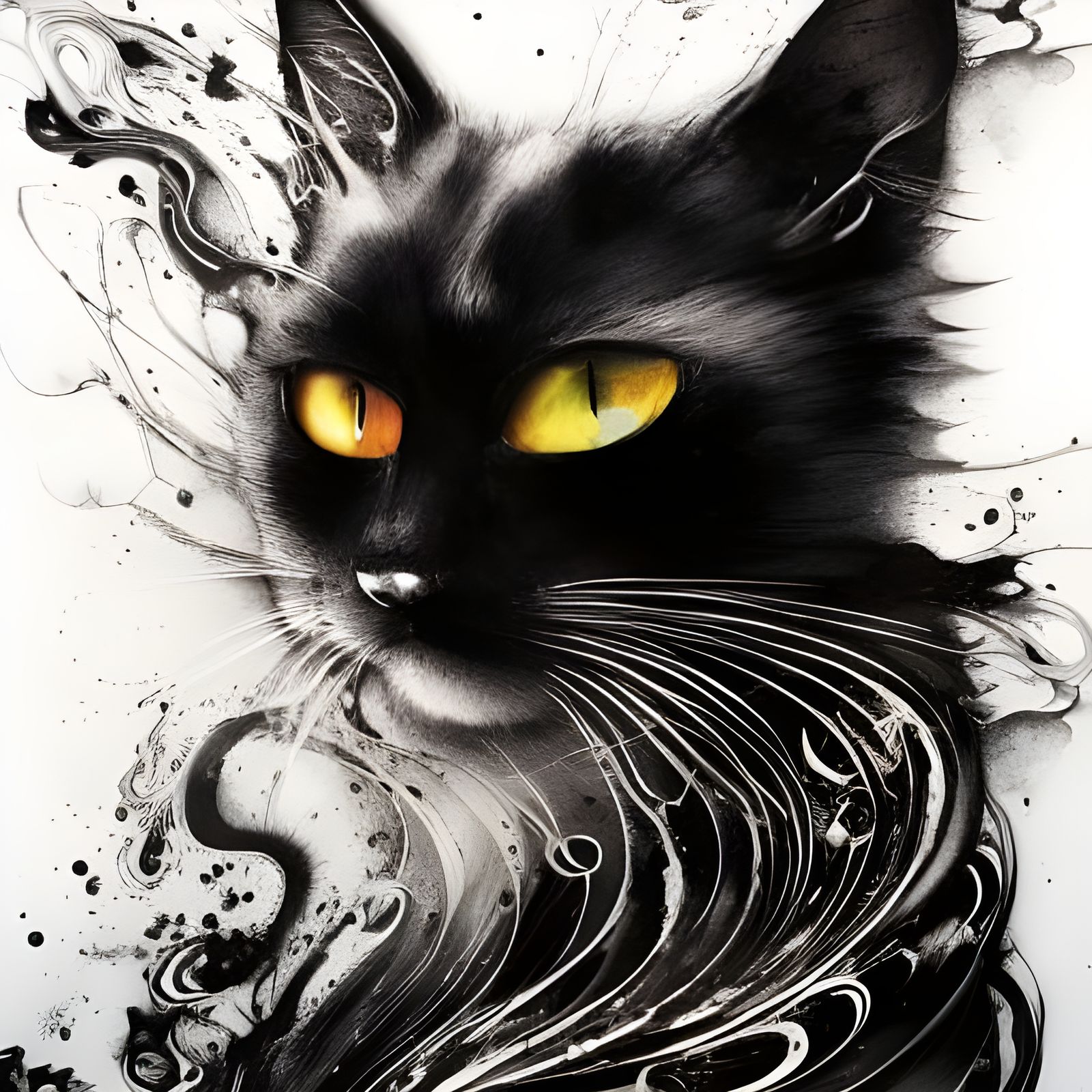 Intricate Black Ink Cat Gouache Painting