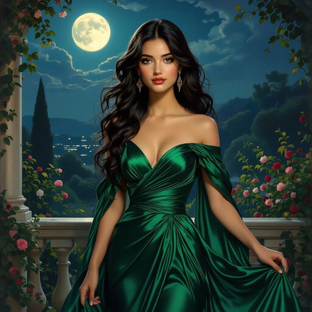Jasmine in Emerald Gown Overlooking Moonlit Garden