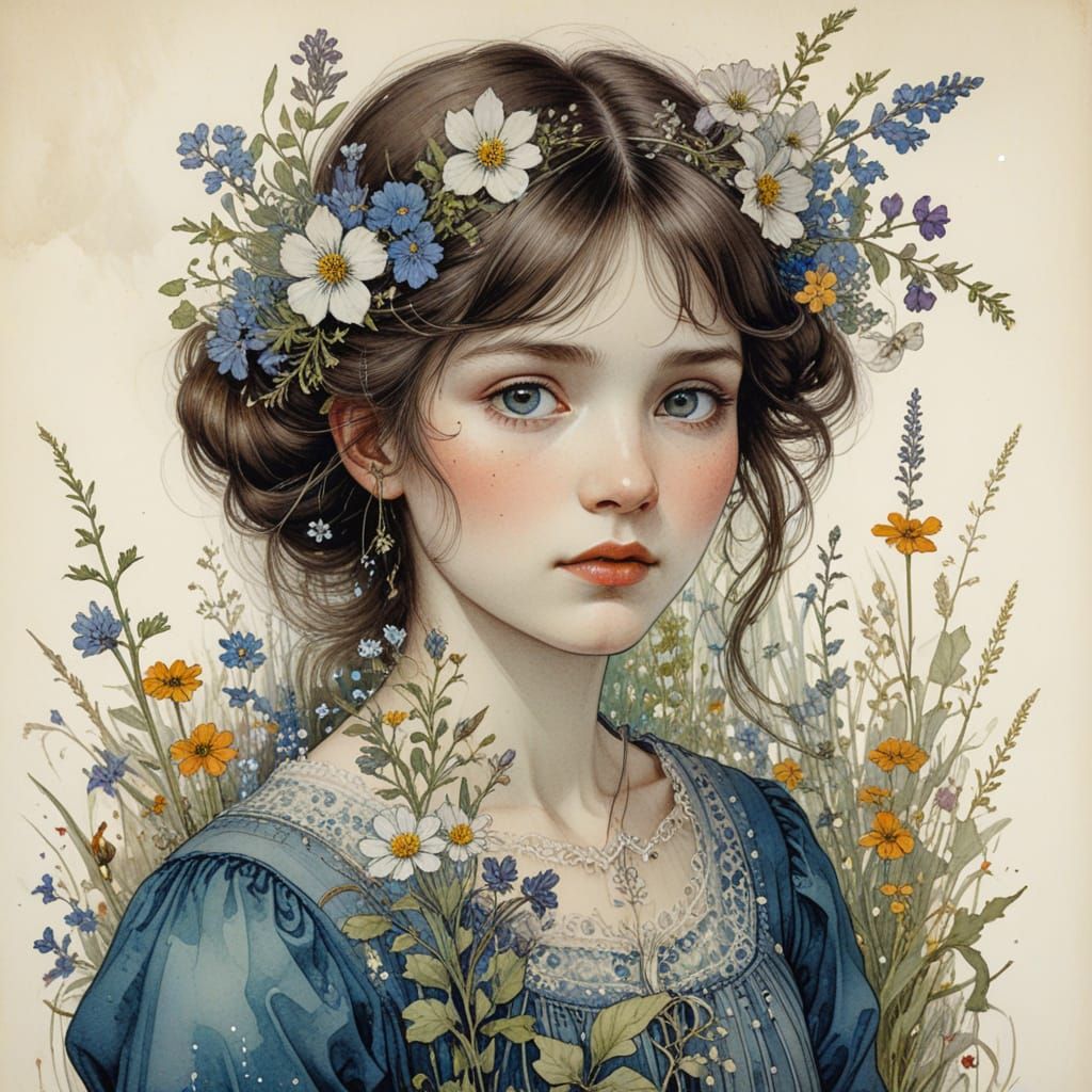 Enchanting Watercolor Portrait of a Young Girl with Wildflow...