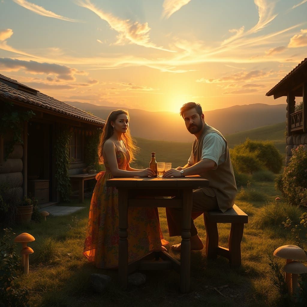 Surreal Couple in Harmonious Village Scene