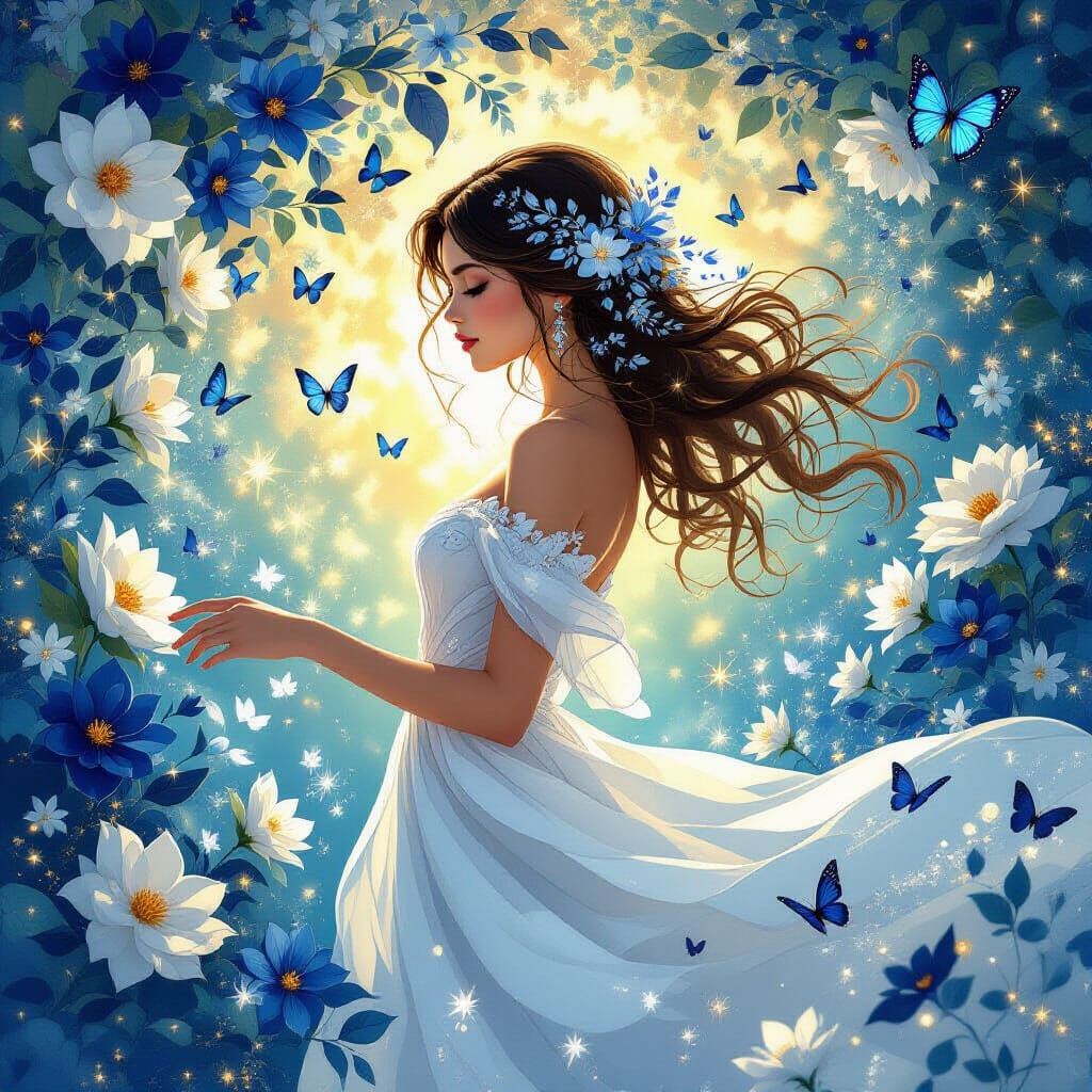 Ethereal Woman Portrait with Flowers in Digital Art Style