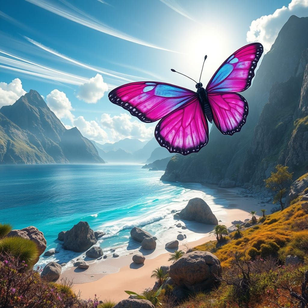Pink Butterfly Soars Over Majestic Mountain Range and Ocean