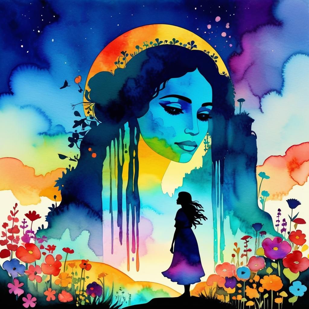 Surreal Gypsy Woman in Psychedelic Flower Garden