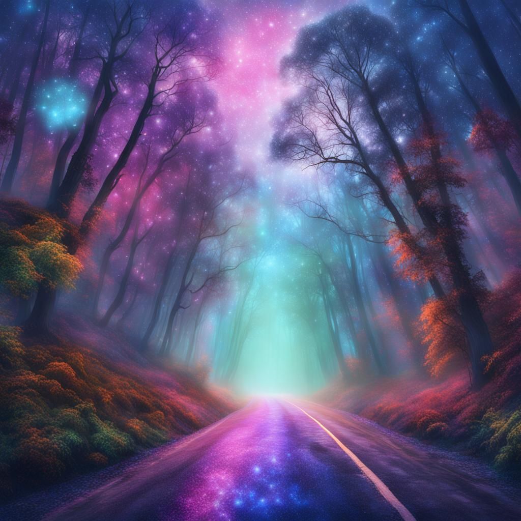 Cosmic Fog Road Through Trees Illustration