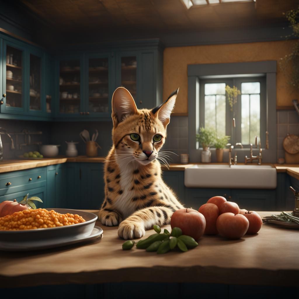 Serval Cat in Kitchen: Detailed Matte Painting