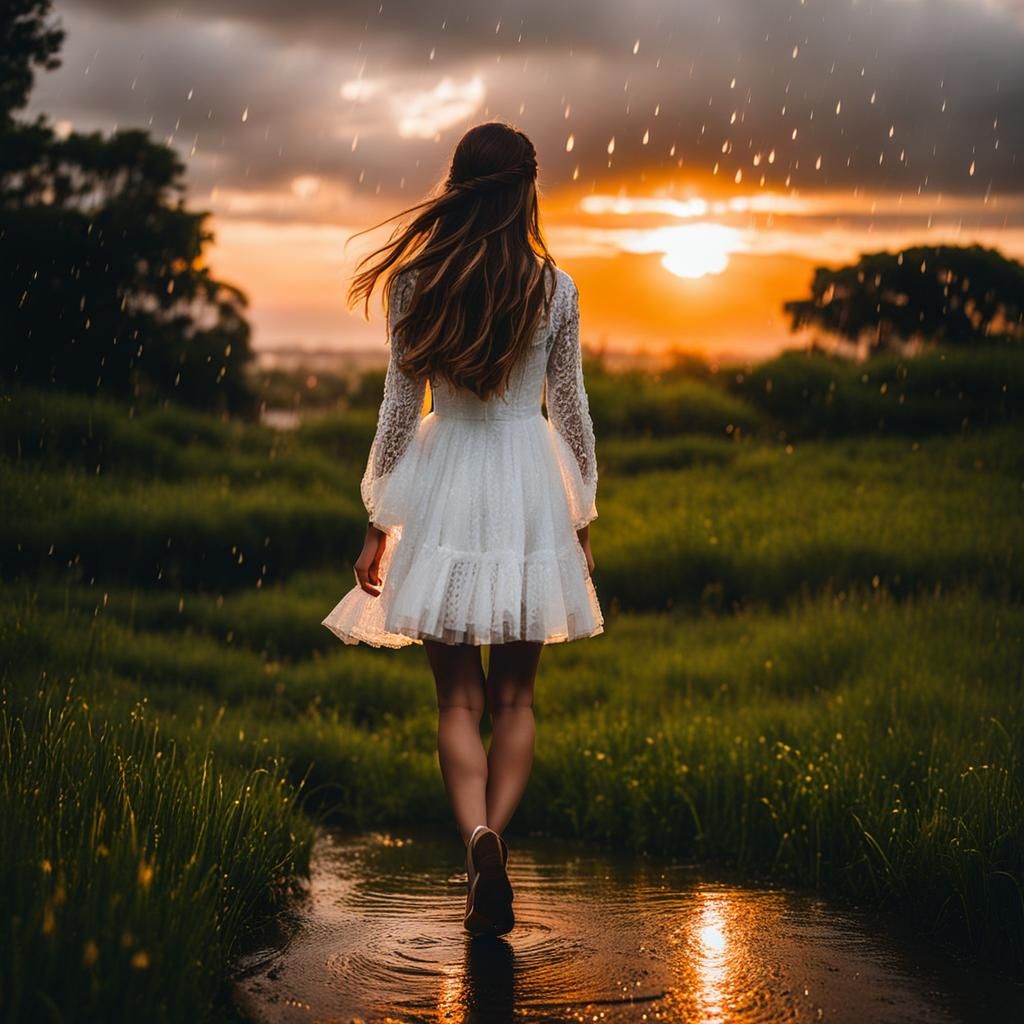 Girl in White Dress Standing in Rain at Sunset