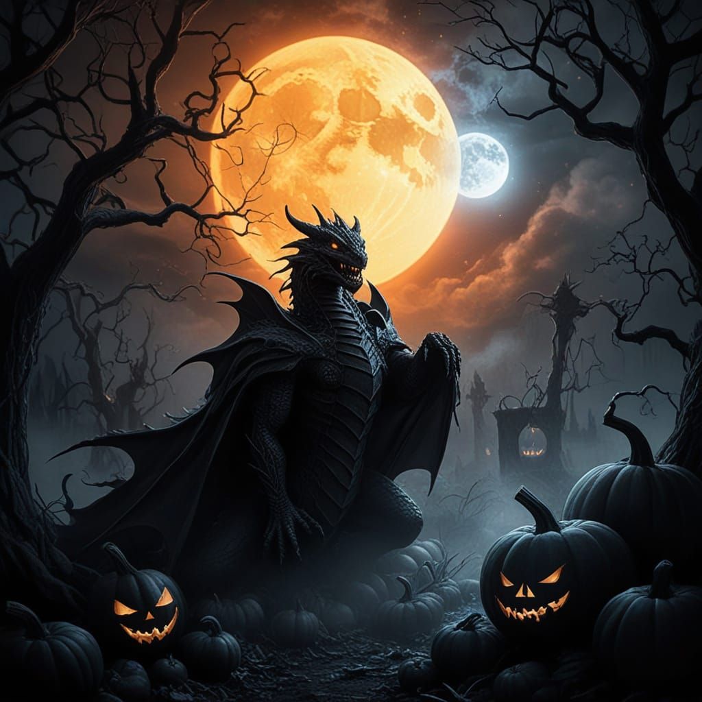 Dragon in Halloween Patch, Dark Fantasy Charcoal Art