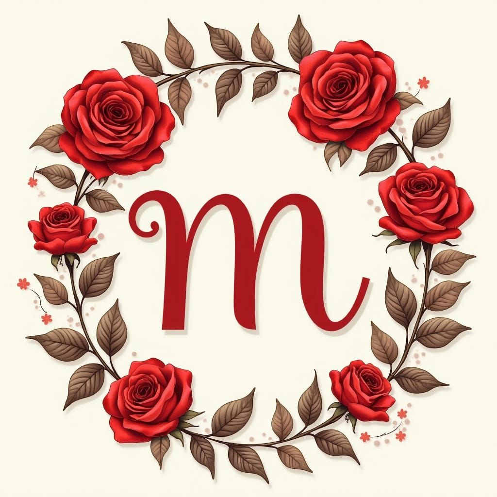 Lowercase M in Red Script Font with Rose Frame
