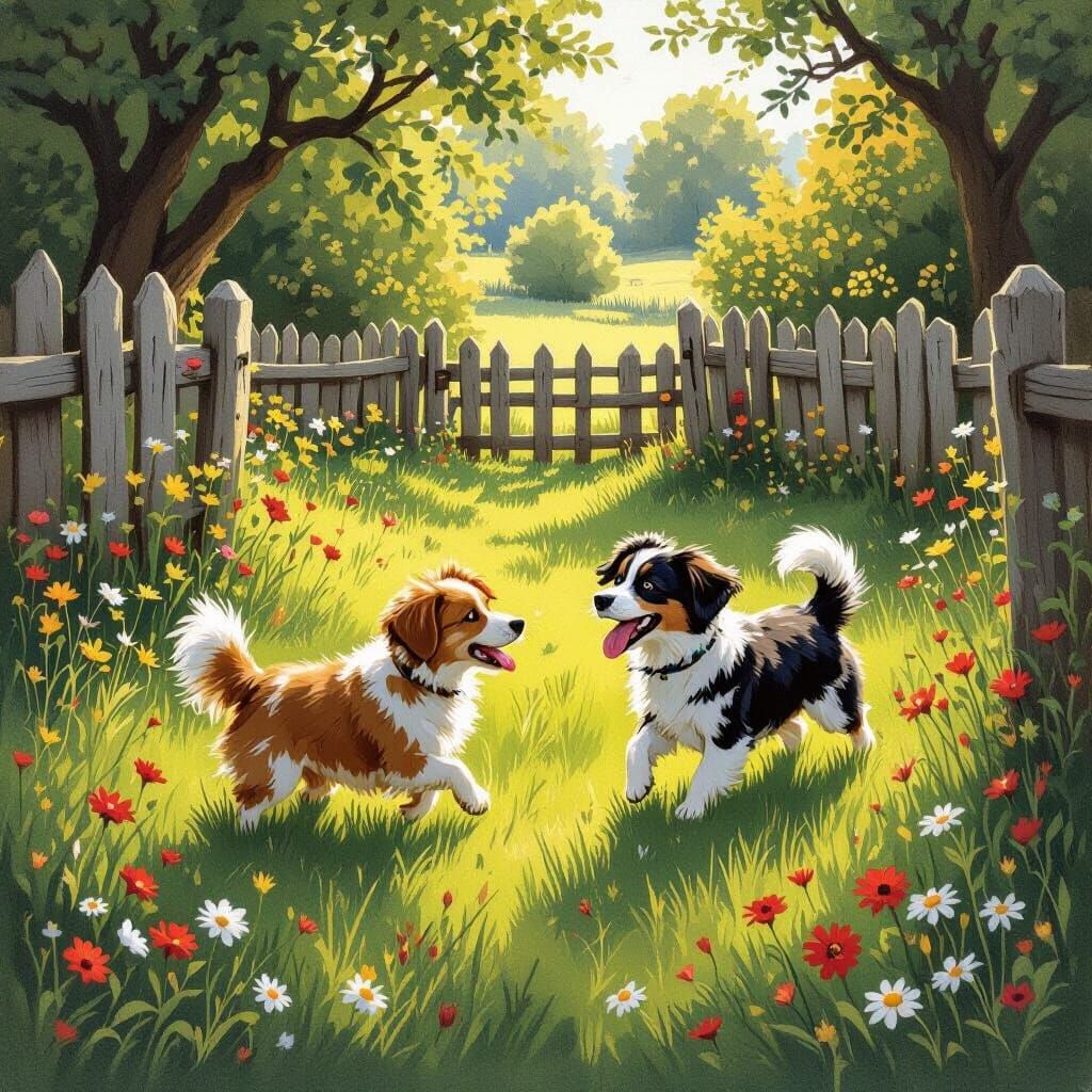 Rustic Dogs Playing in Sun-Dappled Wildflower Yard