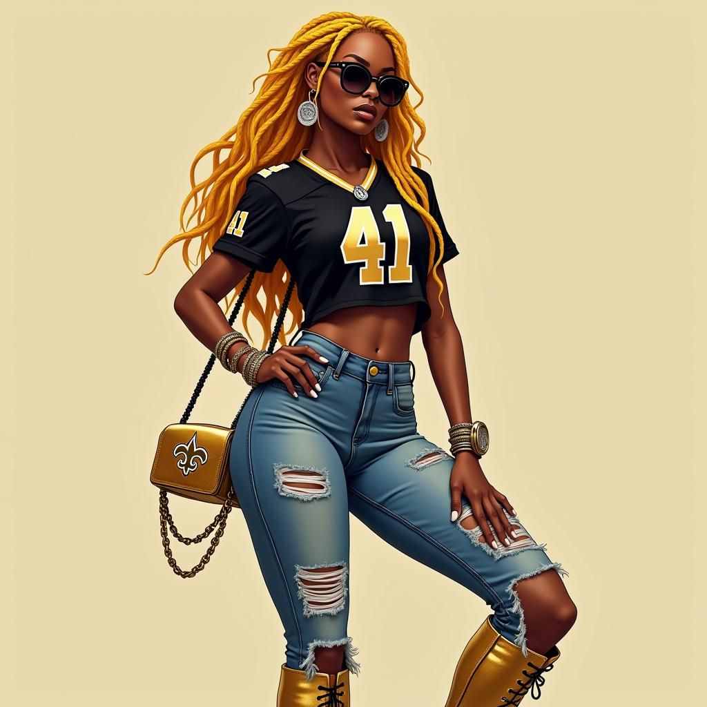 Glamorous Woman in Denim: Hyper-Realistic Chibi Style Digita...