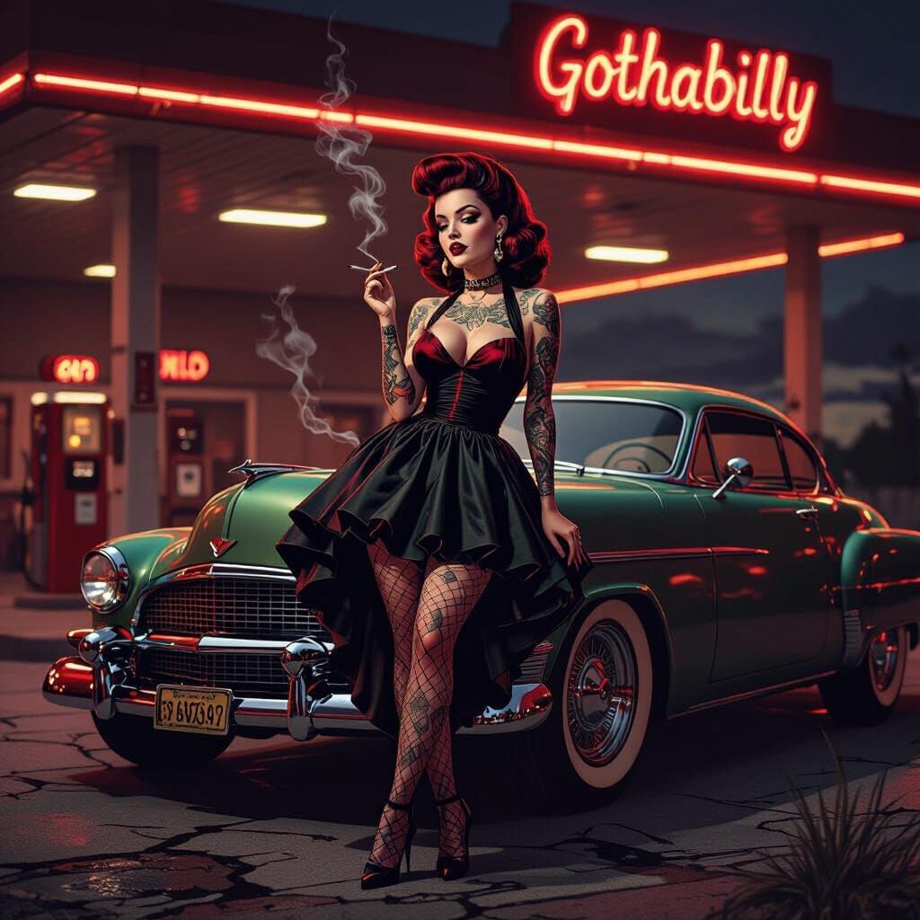 Tattooed 1950s Pin-Up Poses with Hot Rod
